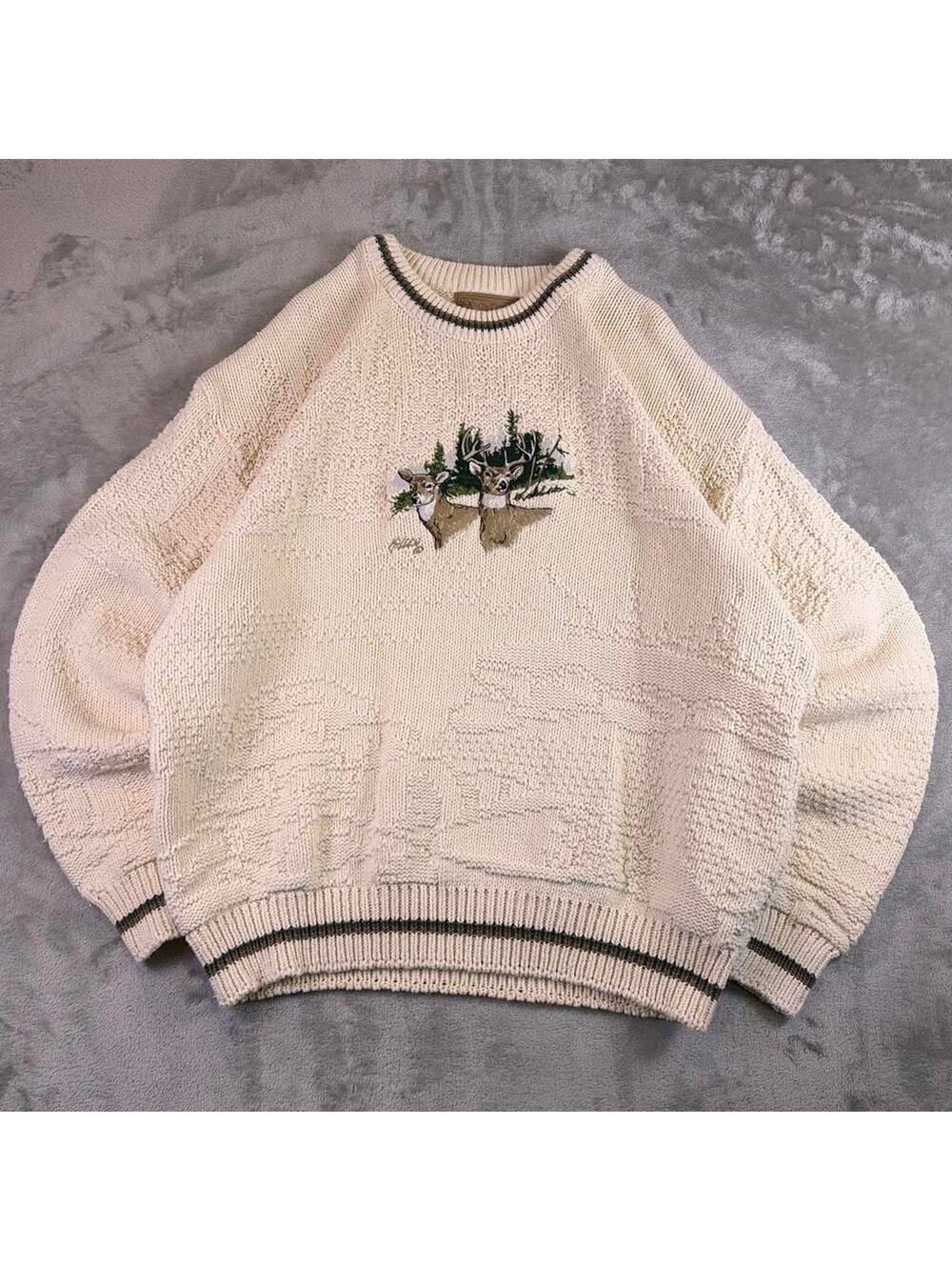 VTG Shenandoah Deer Embroidered 3D Knit Sweater Men’s XL Cream Outdoor Hunting